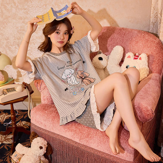 夏日乐园 精致居家【梦惠妮 治愈系纯棉家居服套装】（背心/短袖自选）纯棉家居服 轻薄透气 拒绝黏腻 裸感深睡 治愈系萌宠印花 蕾丝/拼色细节 减龄显白 质感拉满 #M663 商品图1