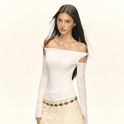 Ariseism 白色绑带一字肩上衣长袖T恤女春季新款修身上衣 商品图3