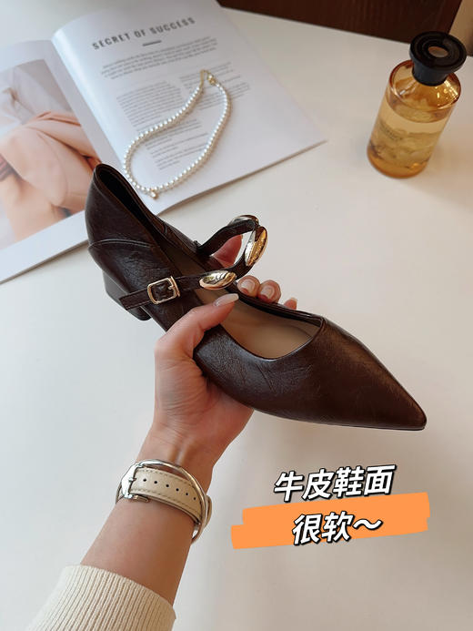 百思图同款超软牛皮金豆子小方跟尖头鞋 商品图12