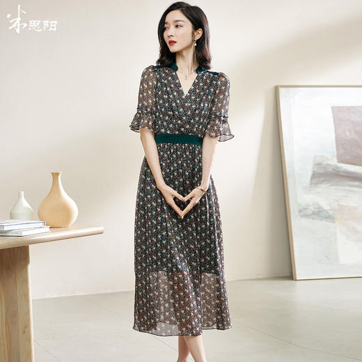 米思阳2026夏季新款气质淑女印花雪纺裙收腰荷叶袖中长连衣裙1083 商品图0