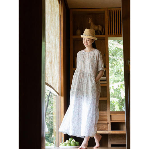 牧衣游原创 80支印花纯棉连衣裙女新款宽松质朴文艺碎花长裙 青湲 商品图2