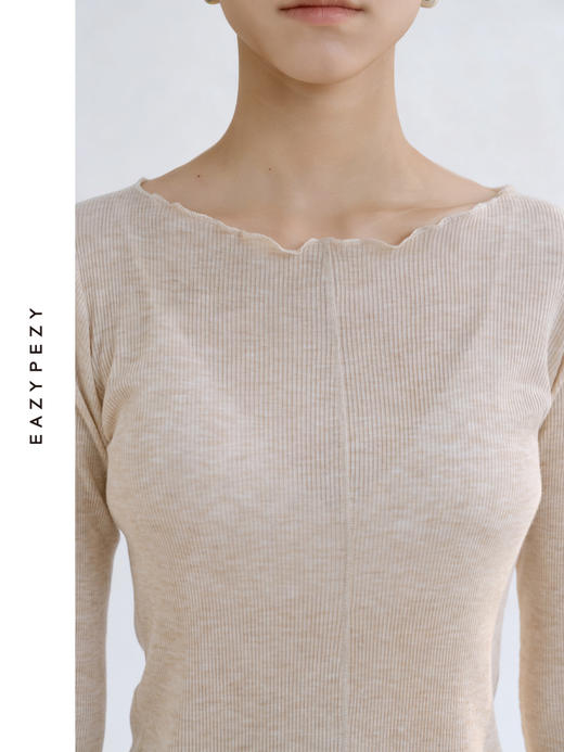 裸感·羊绒醋酸木耳边修身长袖罗纹衫 商品图1