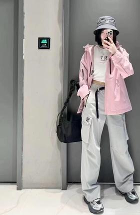 男女同款ML字母松紧腰工装长裤直筒可缩口两穿休闲裤