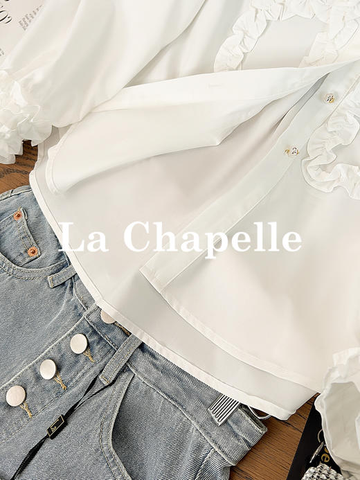专柜实拍【气质优雅】拉夏贝尔/La Chapelle法式立领木耳边精致排扣通勤长袖衬衫简约净版气质上衣 商品图8