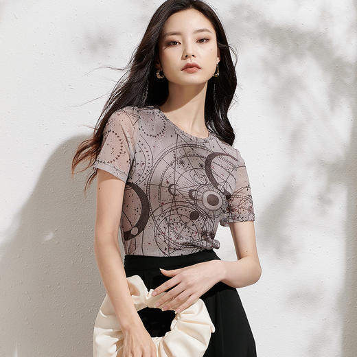 夏季显瘦新款时尚印花修身圆领上衣气质百搭短袖薄T恤8D22BT0889 商品图2