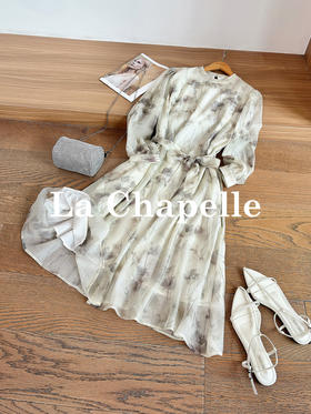 专柜实拍【古风清冷感】拉夏贝尔/La Chapelle含莱赛尔！高级气质圆领后两粒扣水墨画晕染垂感连衣裙