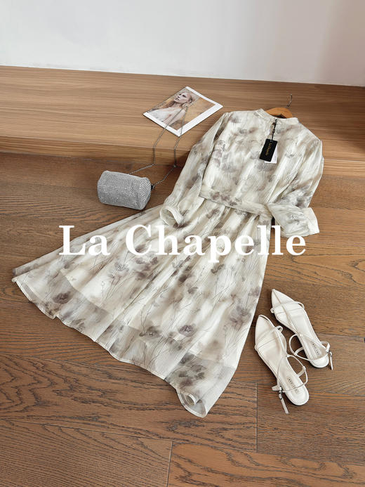 专柜实拍【古风清冷感】拉夏贝尔/La Chapelle含莱赛尔！高级气质圆领后两粒扣水墨画晕染垂感连衣裙 商品图5