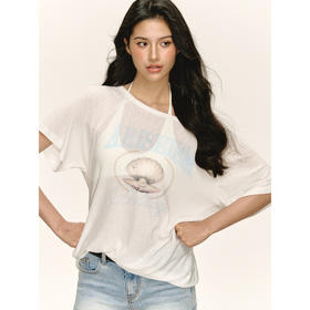 Ariseism 美式复古贝壳斜肩短袖T恤女夏季新款宽松微透罩衫上衣