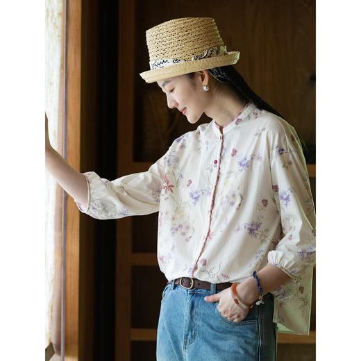 牧衣游原创 80支印花纯棉衬衫女新款质朴素雅文艺百搭衬衣 云柠 商品图2