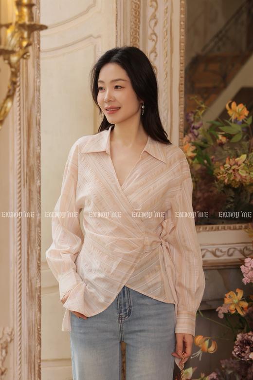 【门店同款】ENJOY夏季三文鱼色条纹绑带衬衫 170643818 商品图0