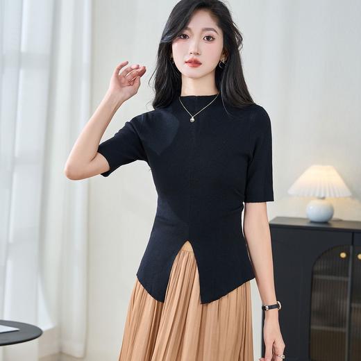 米思阳2024夏季新款设计感纯色通勤短袖毛衣简约风气质上衣1146/1076 商品图2