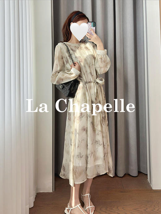 专柜实拍【古风清冷感】拉夏贝尔/La Chapelle含莱赛尔！高级气质圆领后两粒扣水墨画晕染垂感连衣裙 商品图1