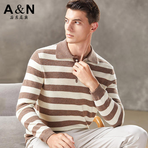 安东尼奥A&N 秋冬时尚条纹撞色男式翻领羊毛衫软糯亲肤针织休闲毛衣4222006 商品图0