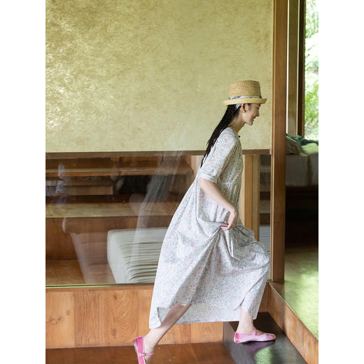 牧衣游原创 80支印花纯棉连衣裙女新款宽松质朴文艺碎花长裙 青湲 商品图3