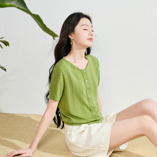 【莱赛尔】三彩2026夏季新款圆领针织衫短袖毛衫开衫简约S 商品图2