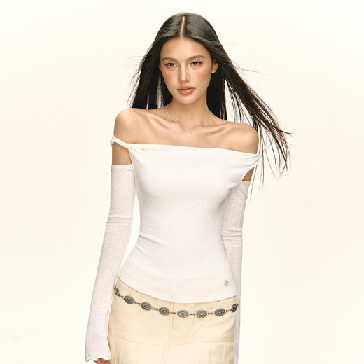 Ariseism 白色绑带一字肩上衣长袖T恤女春季新款修身上衣 商品图2