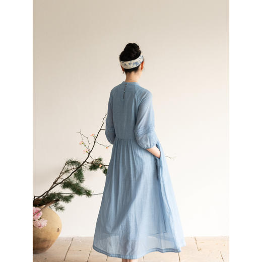牧衣游原创 100支纯棉打条连衣裙女宽松轻薄飘逸蓝色长裙 云山晓 商品图2