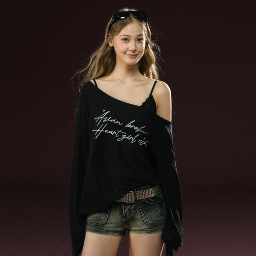 Ariseism 复古斜肩印花微透宽松长袖t恤女春季新款修身上衣 商品图3