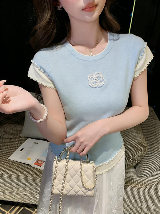 张心子【山茶栀意】圆领气质山茶花撞色花边上衣 U2603006 商品图10