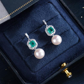 子佩集【碧落成诗】银S925珍珠惜王妃耳钉【EM3061-1-XF】8.5mm珠绿方块2601