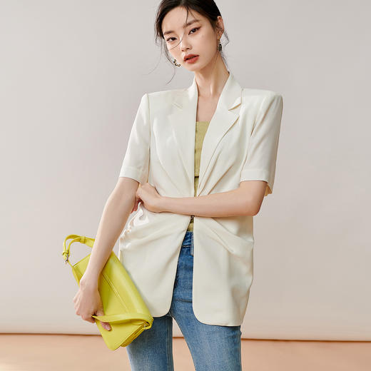 夏季气质时尚新款通勤知性纯色醋酸短袖西装垫肩外套8T23BX0445 商品图1