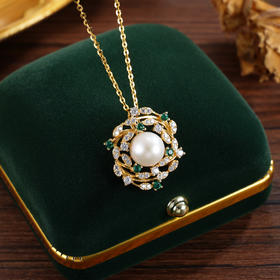 子佩集【幻彩花环】银S925珍珠惜王妃套链【YP0087A】8.5mm珠镀金绿点花绕2601