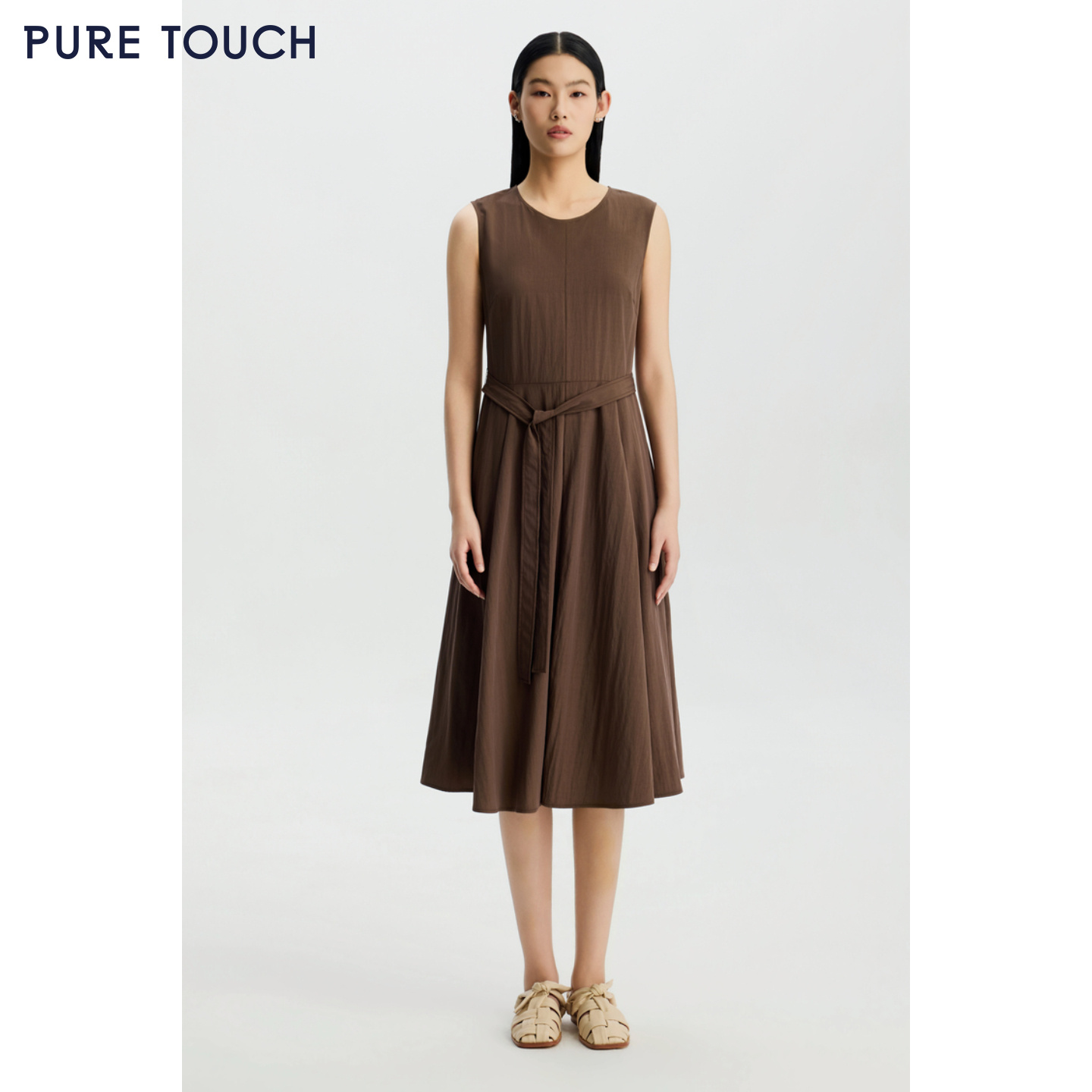 PURE TOUCH女装26春夏新款圆领无袖连衣裙系带收腰中长款过膝长裙
