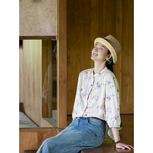 牧衣游原创 80支印花纯棉衬衫女新款质朴素雅文艺百搭衬衣 云柠 商品图3