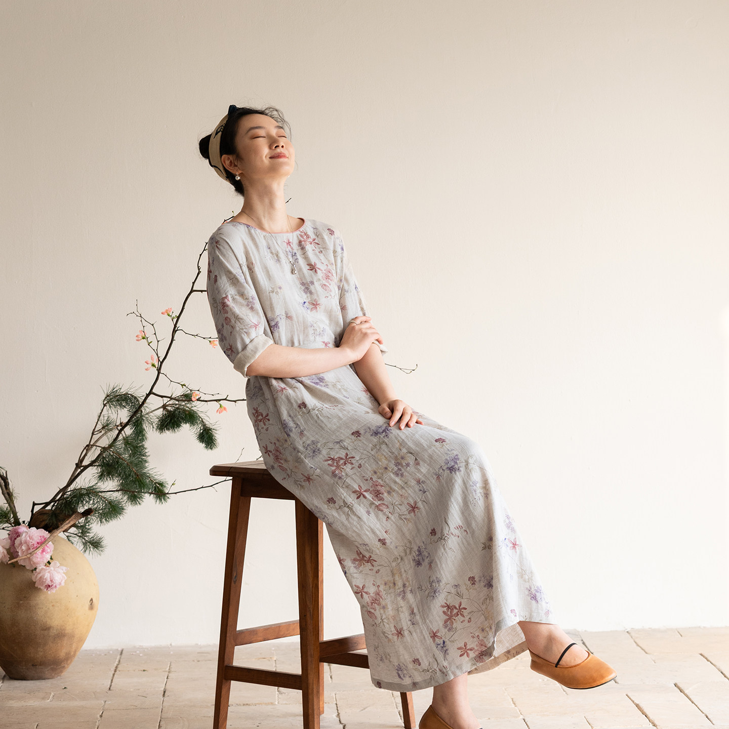 牧衣游原创 进口亚麻印花连衣裙新款轻薄宽松质朴复古长裙 花满柿