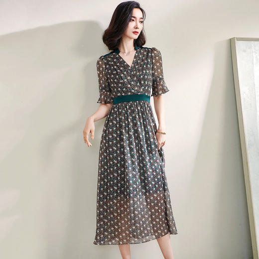 米思阳2026夏季新款气质淑女印花雪纺裙收腰荷叶袖中长连衣裙1083 商品图1