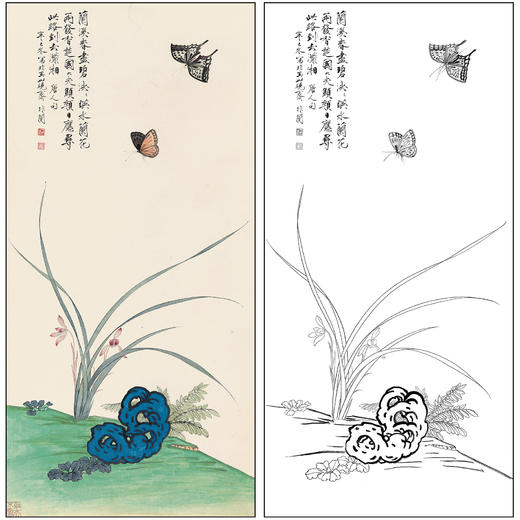 工笔画白描底稿于非闇花鸟《兰石双蝶》临摹勾线高清打印稿FA67 商品图0