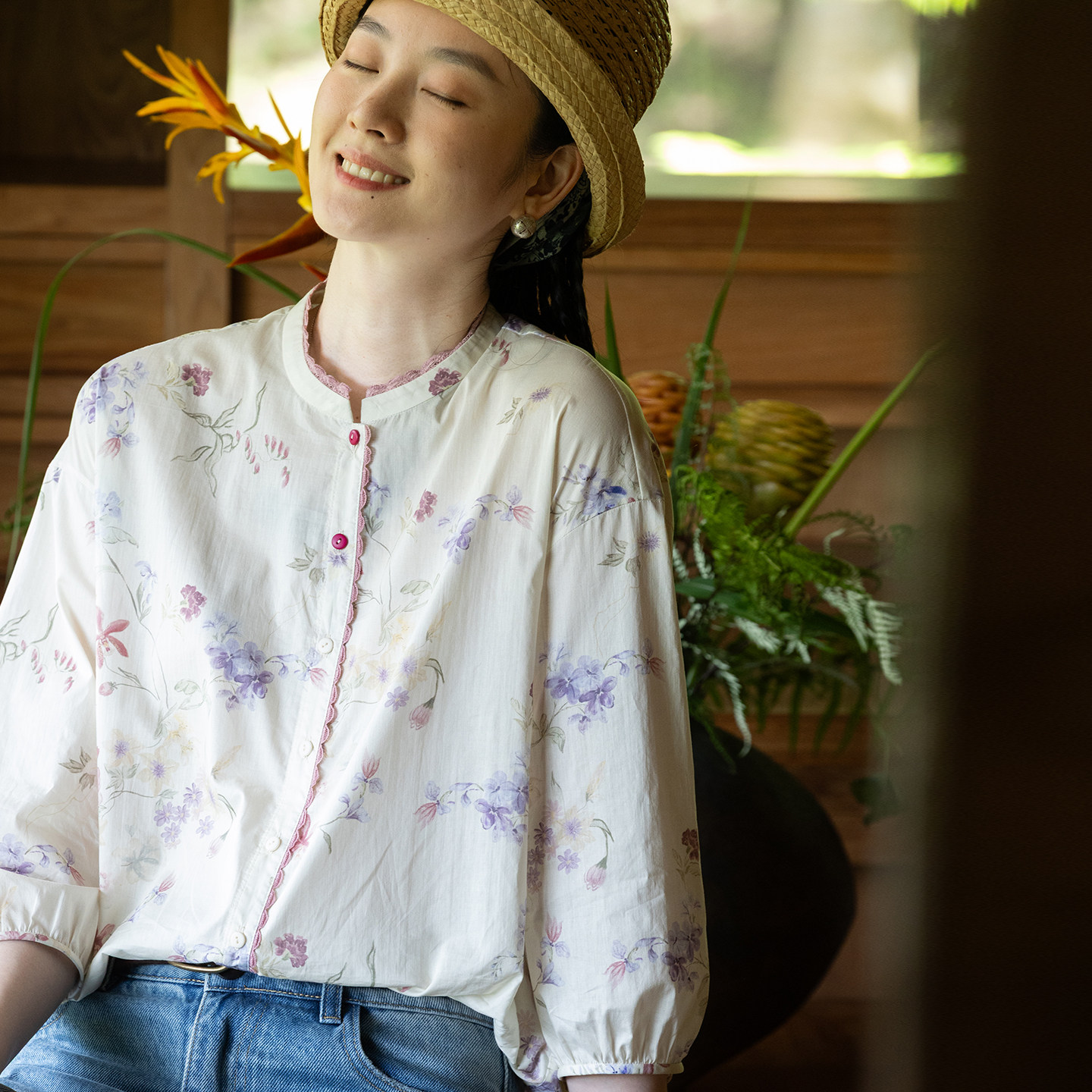 牧衣游原创 80支印花纯棉衬衫女新款质朴素雅文艺百搭衬衣 云柠