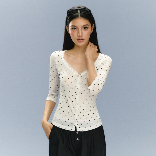 Ariseism 美式复古白色波点上衣短袖T恤女夏季新款修身上衣 商品图2