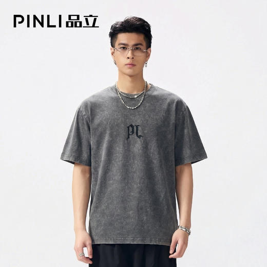 PINLI品立2026夏季新款字母印花圆领短袖T恤男士上衣BG262111502 商品图0