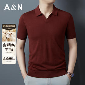 安东尼奥A&N 可机洗【含精纺羊毛&桑蚕丝】时尚轻奢针织短袖T恤男士休闲打底衫6300727