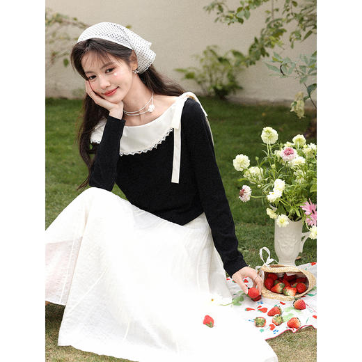 鹿向南「风传花信」法式黑杏色不规则T恤显瘦长袖女2026春季新款 商品图3