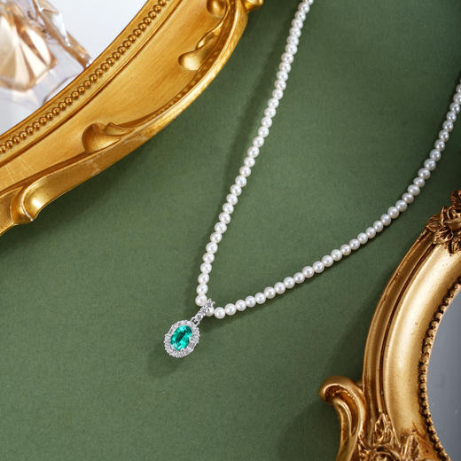 子佩集【绿意星澜】银S925珍珠惜王妃项链【ZZXL023】2.8mm珠绿椭圆2601 商品图0