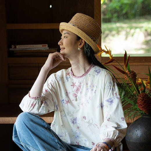 牧衣游原创 80支印花纯棉小衫女新款清雅文艺宽松碎花上衣 麦圆 商品图0