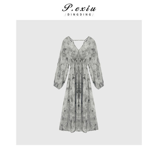 03-5潘依绣丁丁宠粉PanYiXiu/潘依绣【微风海棠】唯美国风水墨晕染天丝V领连衣裙21066T 商品图1