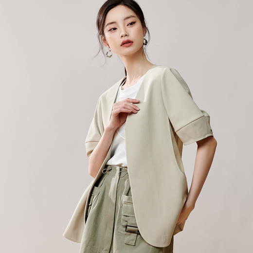 夏季新款通勤OL短袖拼接外套简约绑带灯笼袖宽松上衣8T23BW0440 商品图3