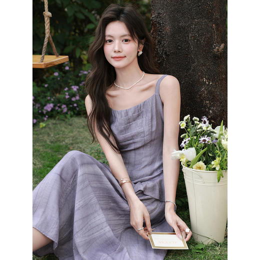 鹿向南「雾紫序章」法式无袖吊带连衣裙女春季收腰设计感紫色长裙 商品图4