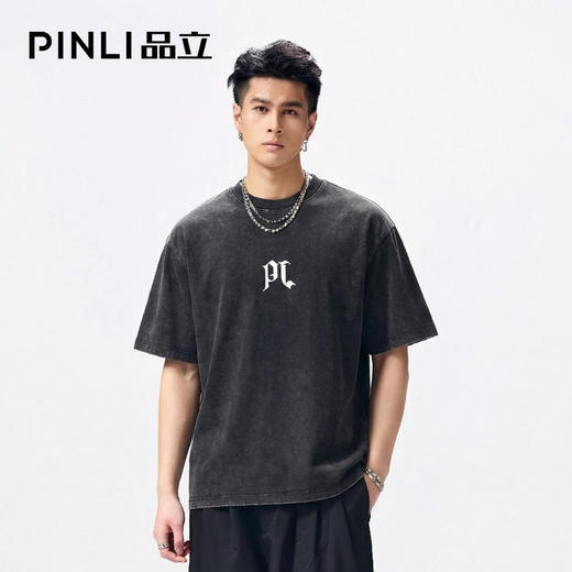 PINLI品立2026夏季新款男字母印花圆领短袖T恤上衣潮BG262111501 商品图0