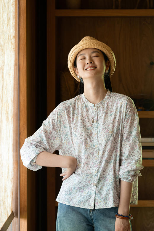 牧衣游原创 80支印花纯棉衬衫女新款柔软亲肤文艺碎花上衣 彩云间 商品图5