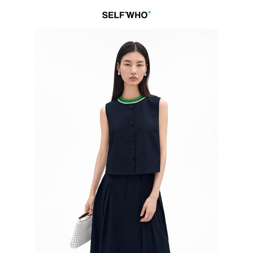 SELFWHO天丝绵羊毛混纺撞色毛织领背心女2026夏新款减龄时髦上衣 商品图0