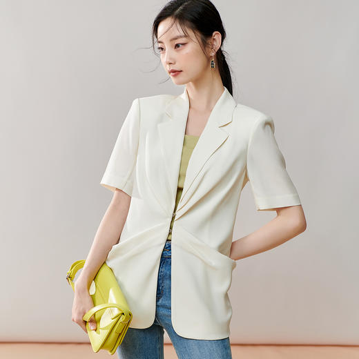 夏季气质时尚新款通勤知性纯色醋酸短袖西装垫肩外套8T23BX0445 商品图3