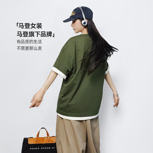 马登美式复古墨绿色圆领纯棉宽松版落肩袖印花短袖T恤上衣女士夏 商品图4