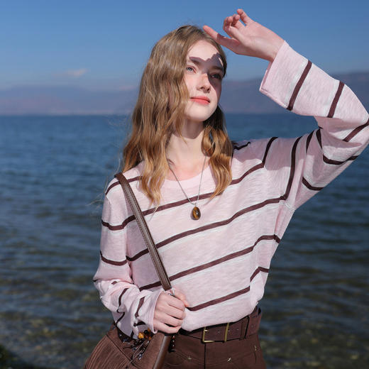 三彩2026春季新款宽松圆领条纹衫竹节纹针织衫套头毛衫长袖休闲M 商品图2