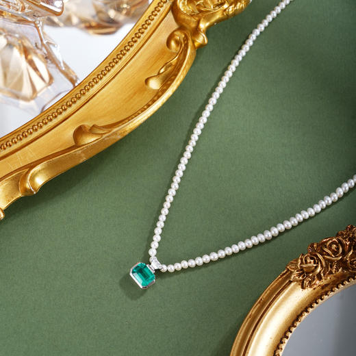 子佩集【青翠微澜】银S925珍珠惜王妃项链【ZZXL013】2.8mm珠绿方块2601 商品图0