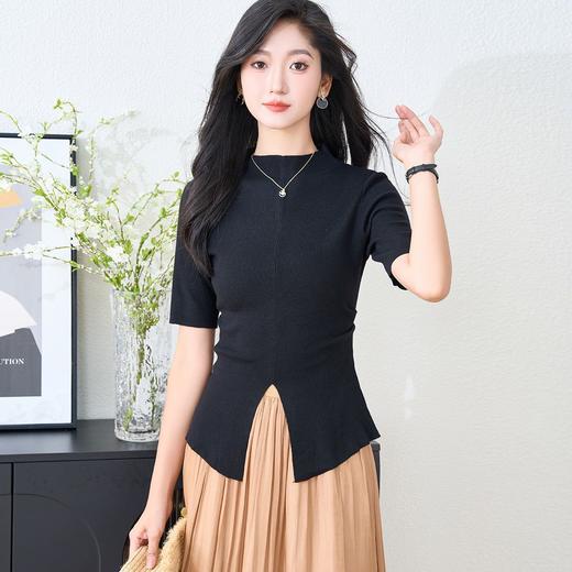 米思阳2024夏季新款设计感纯色通勤短袖毛衣简约风气质上衣1146/1076 商品图3