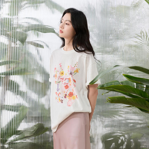 三彩2026夏季新款圆领印花T恤落肩袖宽松上衣套头休闲S 商品图3